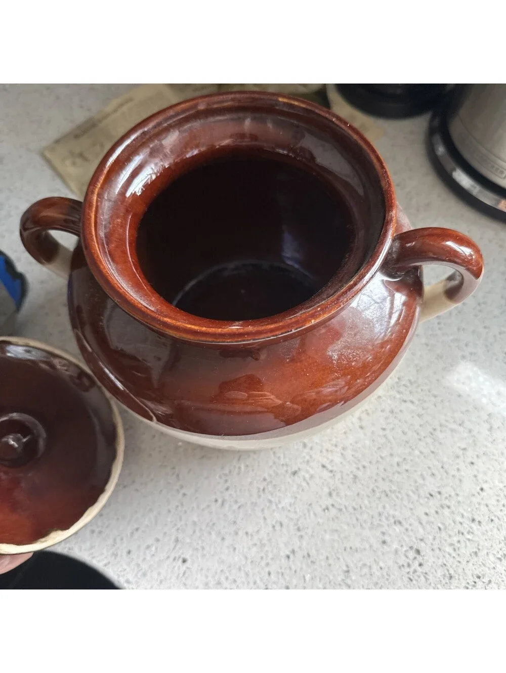 VTG McCoy #342 Brown / Cream Glazed Stoneware Bean Pot w/ Lid Ovenproof USA